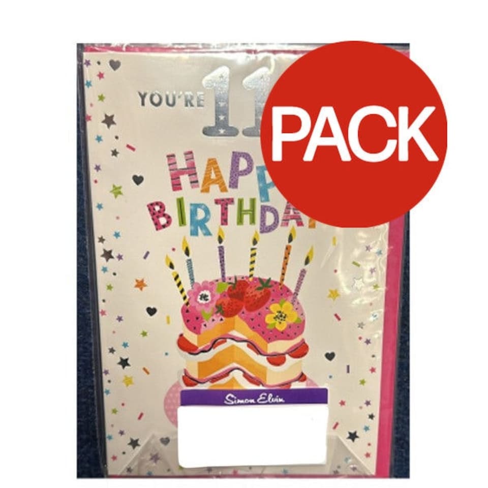 image 1 of Simon Elvin Cake 11th Birthday Greetings Card (Pack of 6) - Multicoloured - One Size White | One Size