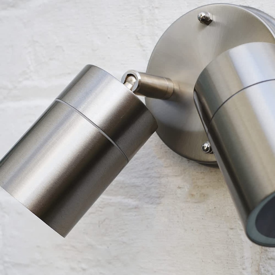 image 1 of ValueLights Barrow Silver Twin Outdoor Wall Spotlight with 3W Warm White Bulb | Chrome