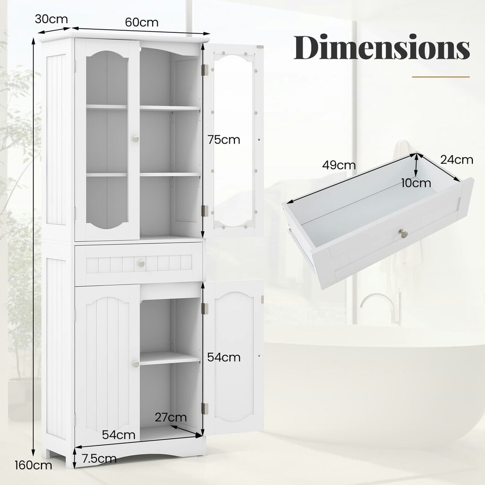 image 1 of COSTWAY 160cm Bathroom Storage Cabinet Freestanding White White