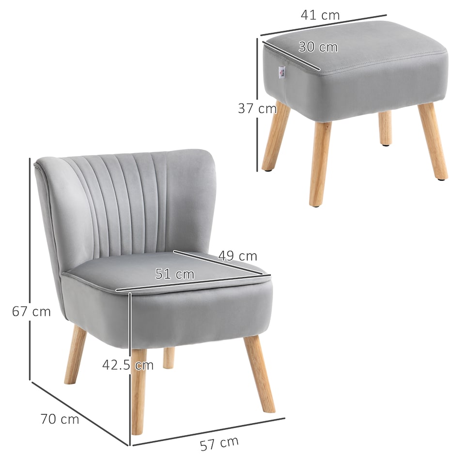image 1 of HOMCOM Velvet Accent Chair Occasional Tub Seat Padding Curved Back with Ottoman Wood Frame Legs Home Furniture Light Grey