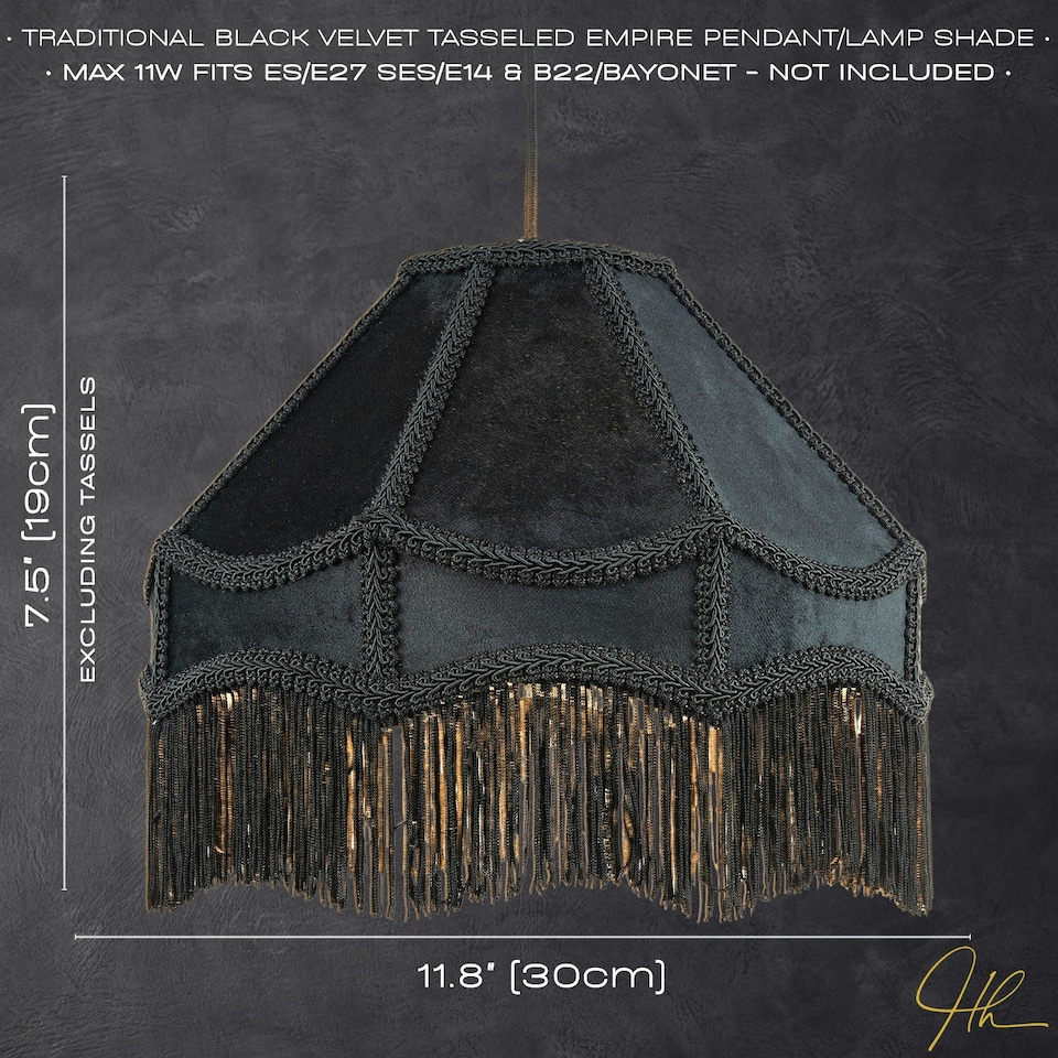 image 1 of Traditional Victorian Empire Lamp Shade in Jet Black Velvet with Long Tassels | Black