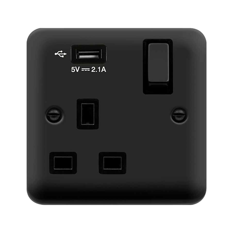 SE HOME Curved Matt Black 1 Gang 13A DP Ingot 1 USB Switched Plug Socket Black | Black Matt