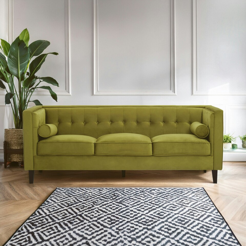 image 1 of Interiors By Premier Refined 3 Seat Olive Velvet Sofa, Velvet Upholstered Mid Century Sofa, Contemporary Sofa For Livingroom Green