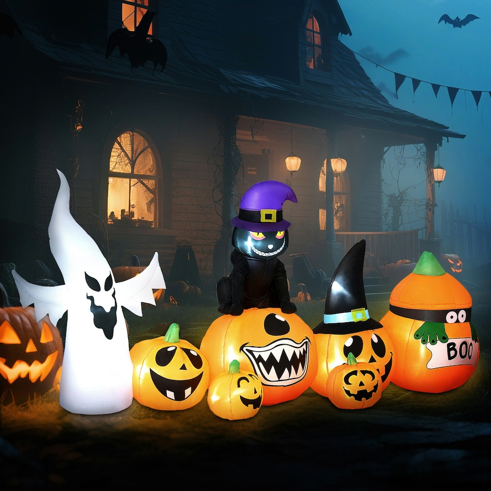 image 1 of Outsunny 8 FT Blow Up Halloween Inflatables Pumpkin Ghost and Cat Combo