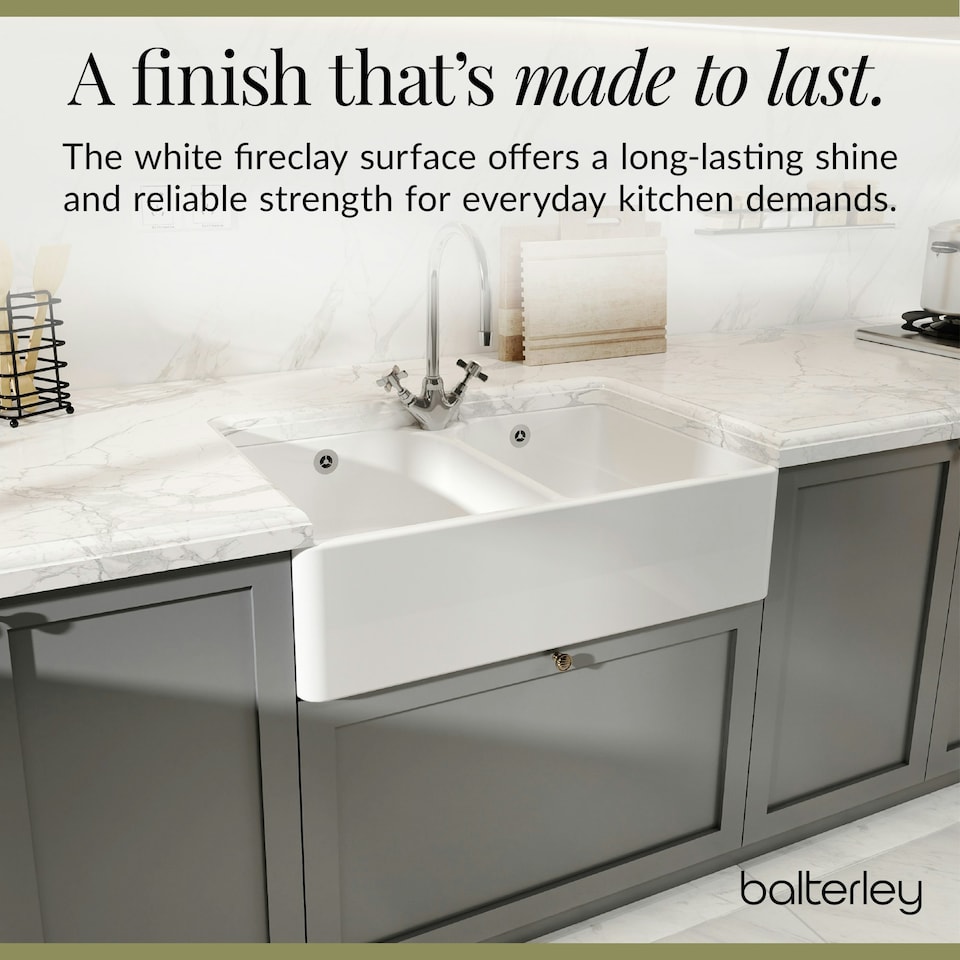 image 1 of Double Bowl Fireclay Ceramic Butler Kitchen Sink with Full Weir, Overflows & Wastes