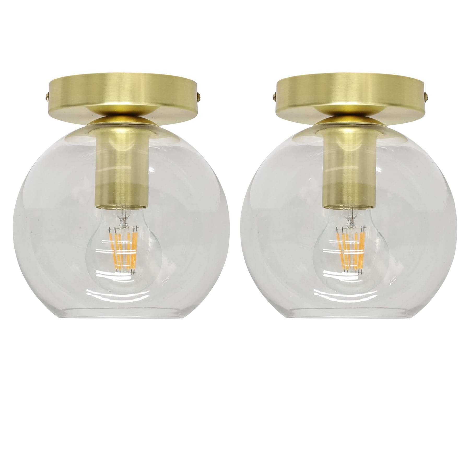 First Choice Lighting Set of 2 Barnum - Clear Glass Globe Satin Brass Ceiling Light Fittings