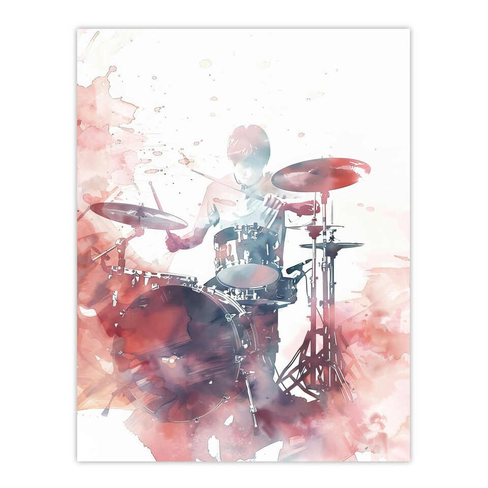 image 1 of Drummer Playing Drum Set Modern Watercolour Black Framed Wall Art Print A4