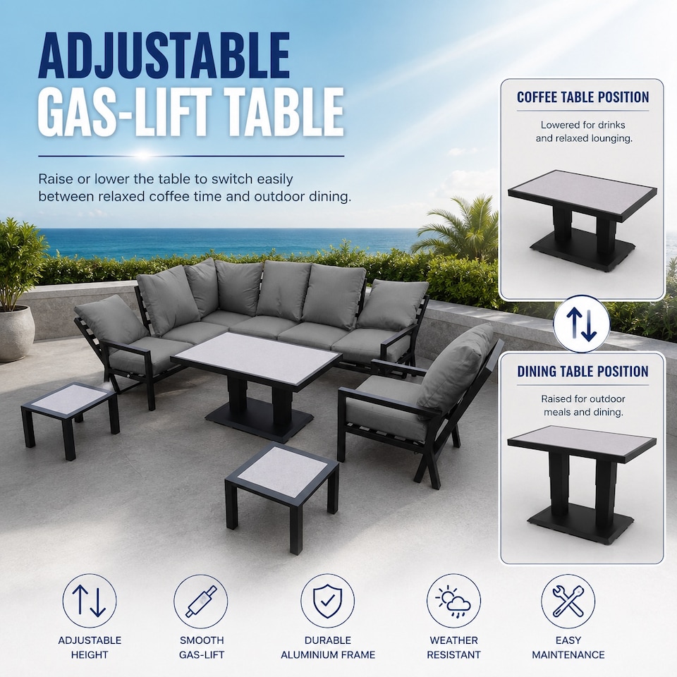 image 1 of Monte Carlo 7 Seater Aluminium Reclining Corner Garden Sofa Set with Gas Lift Table, Armchair & Grey Cushions