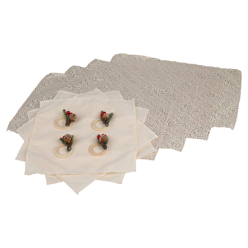 image 1 of 12 Pcs Washable Christmas Placemat & Napkin Ring Set Festive Acorn Berries Decor | Multi | Cream Gold