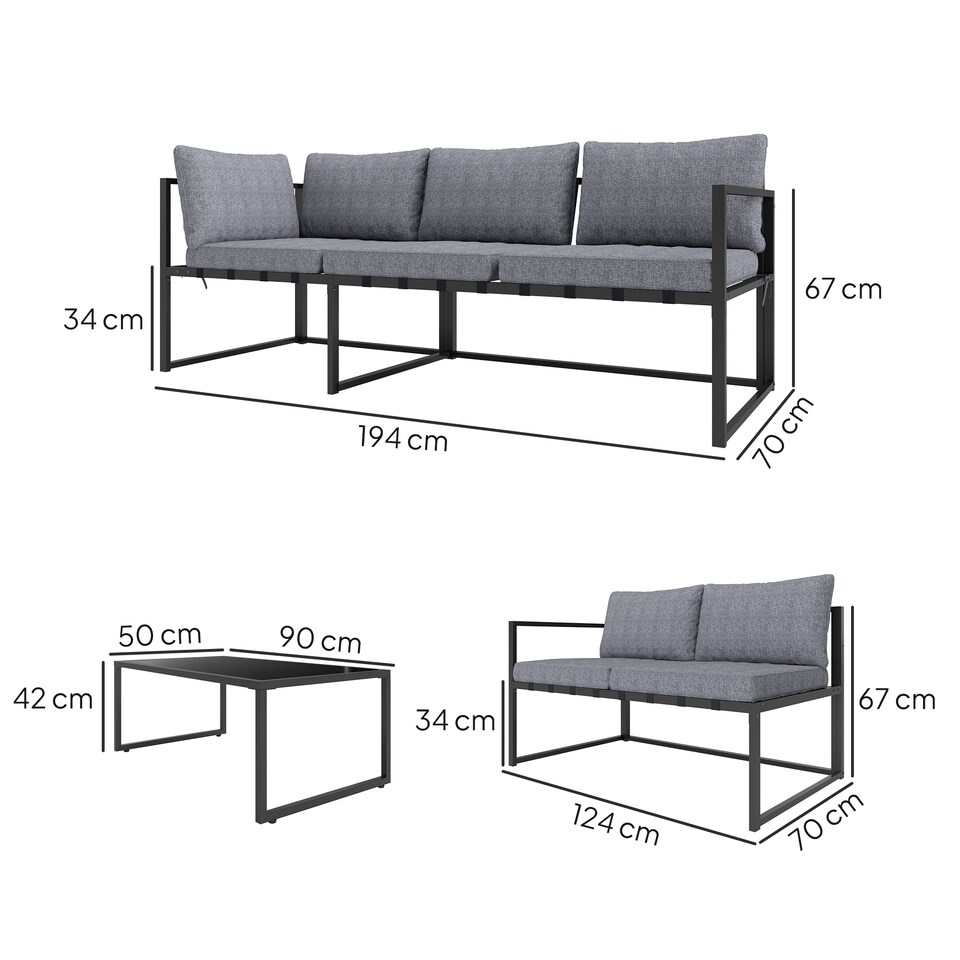 image 1 of Outsunny 3 Piece L Shaped Garden Furniture Set with Cushions, Garden Corner Sofa Set with 3-Seater Sofa, Loveseat and Tempered Glass Top Table for Outdoor, Grey