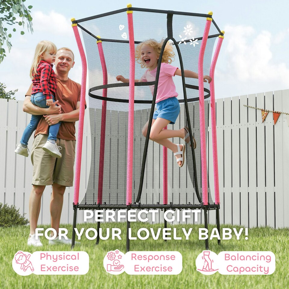 image 1 of HOMCOM 5.4FT Kids Trampoline With Enclosure Indoor Outdoor, Pink