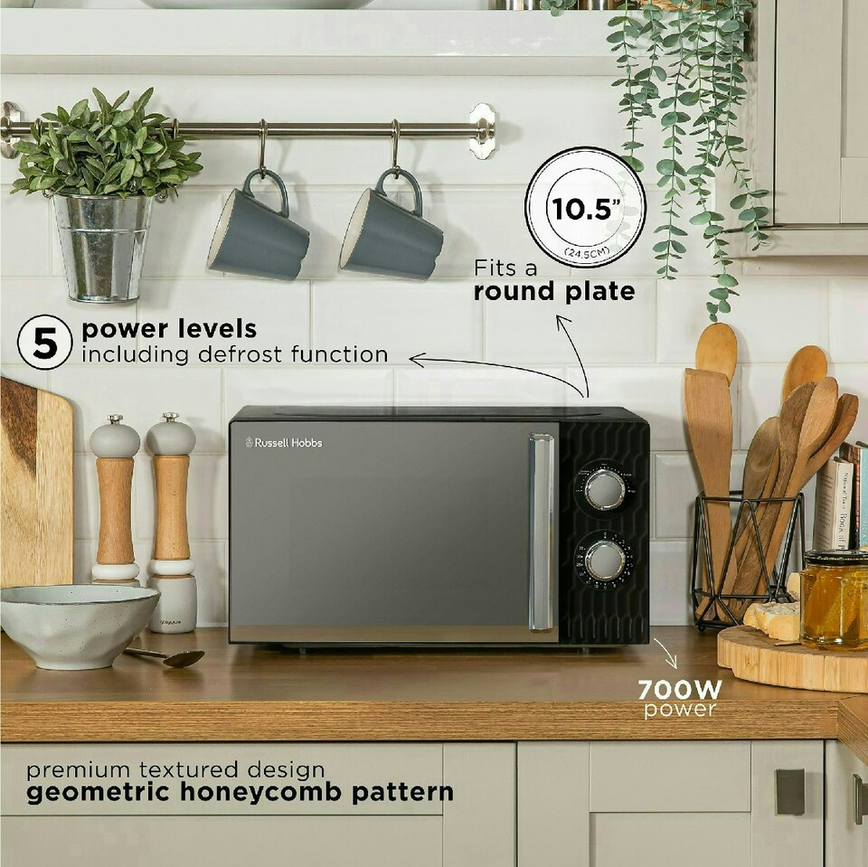 image 1 of Russell Hobbs RHMM715B Manual Microwave 17 Litre 700W Honeycomb Pattern Black