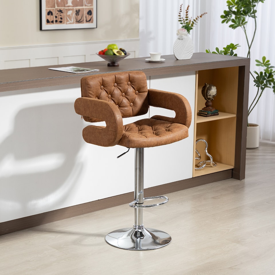 image 1 of HOMCOM Swivel Bar Stool with Extra Large Seat, PU Leather Upholstered Adjustable Barstool with Back, Arm and Footrest, Breakfast Bar Chair for Bistro, Kitchen, Brown | Brown | Brown