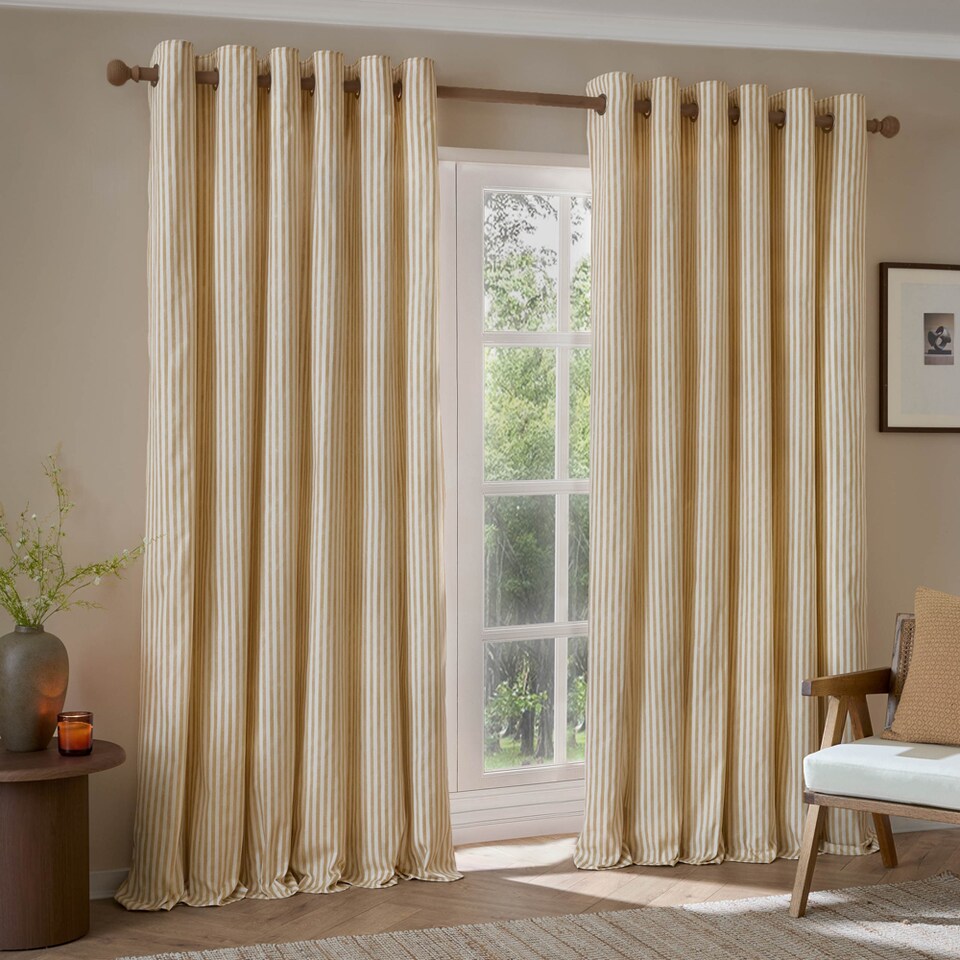 image 1 of Hebden Striped Cotton Eyelet Curtain Pair, 168 x 137cm, Honey Yellow | Yellow | Honey Yellow