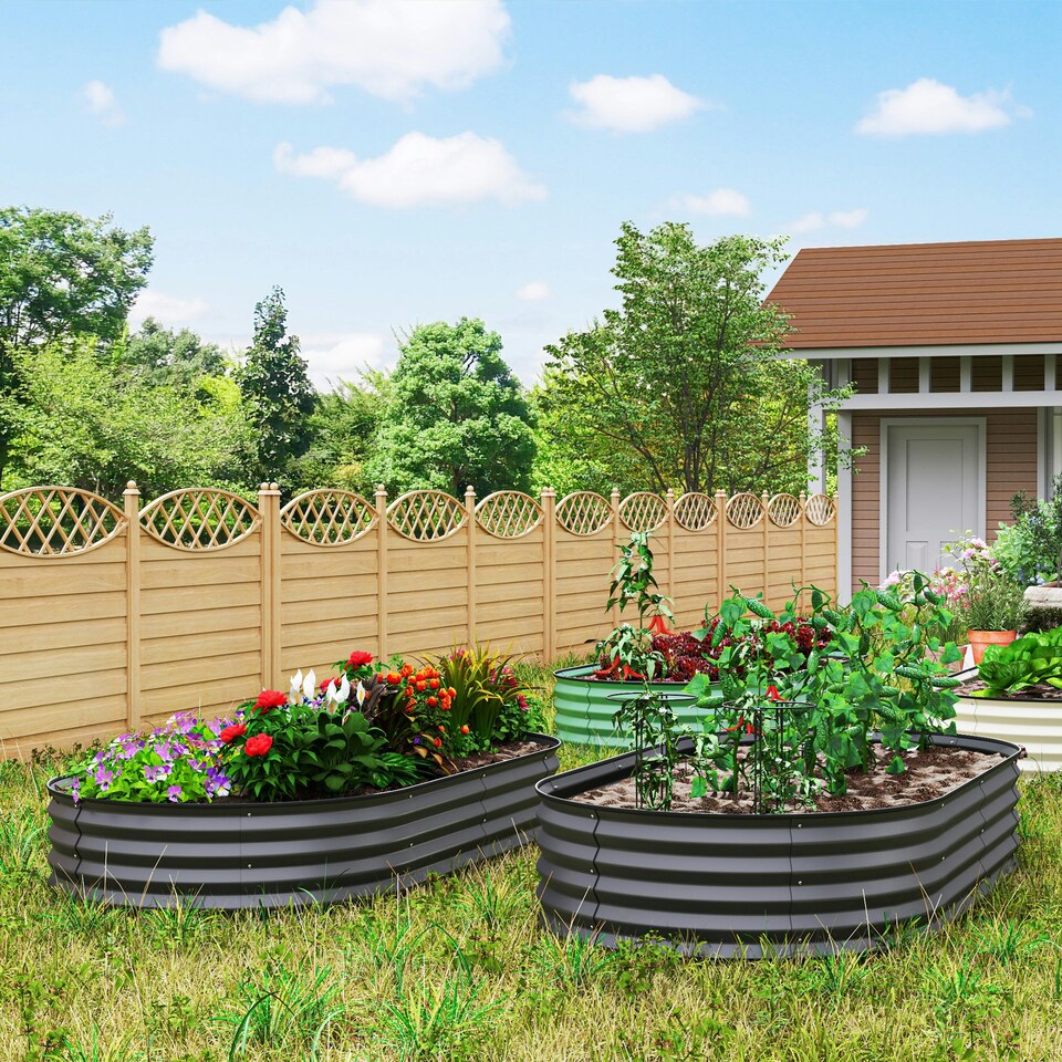 image 1 of Outsunny Set of 2 Raised Beds for Garden with Metal Plant Stakes, Dark Grey 
