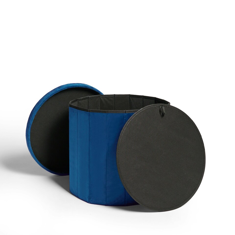 image 1 of OHS Matte Velvet Soft Round Foldable Footstool Seat Storage Organiser Ottoman Blue | Teal