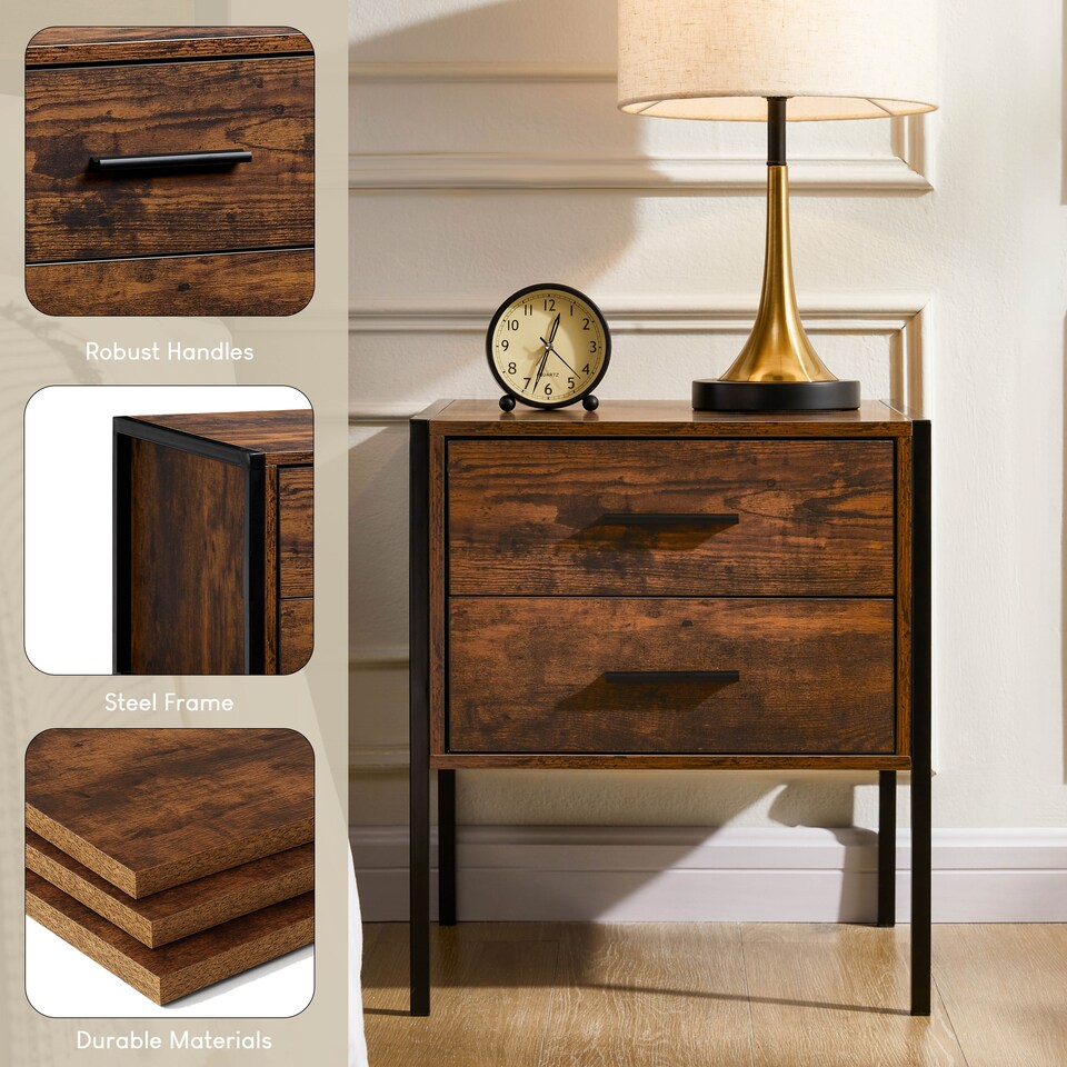 image 1 of Vida Designs Brooklyn 2 Drawer Bedside Cabinet Industrial Cabinet Table Nightstand, Dark Wood