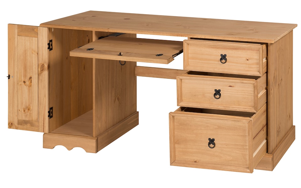 image 1 of Mercers Furniture Corona Straight Computer Desk 3 Drawer 1 Door Office Bedroom Solid Wood Pine with Mexican Styling Wooden