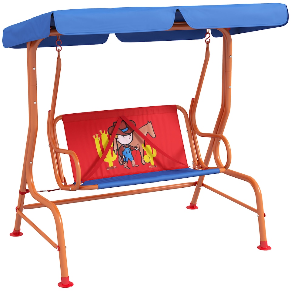 image 1 of Outsunny 2 Seater Kids Swing Chair, Cowboy Themed with Adjustable Canopy