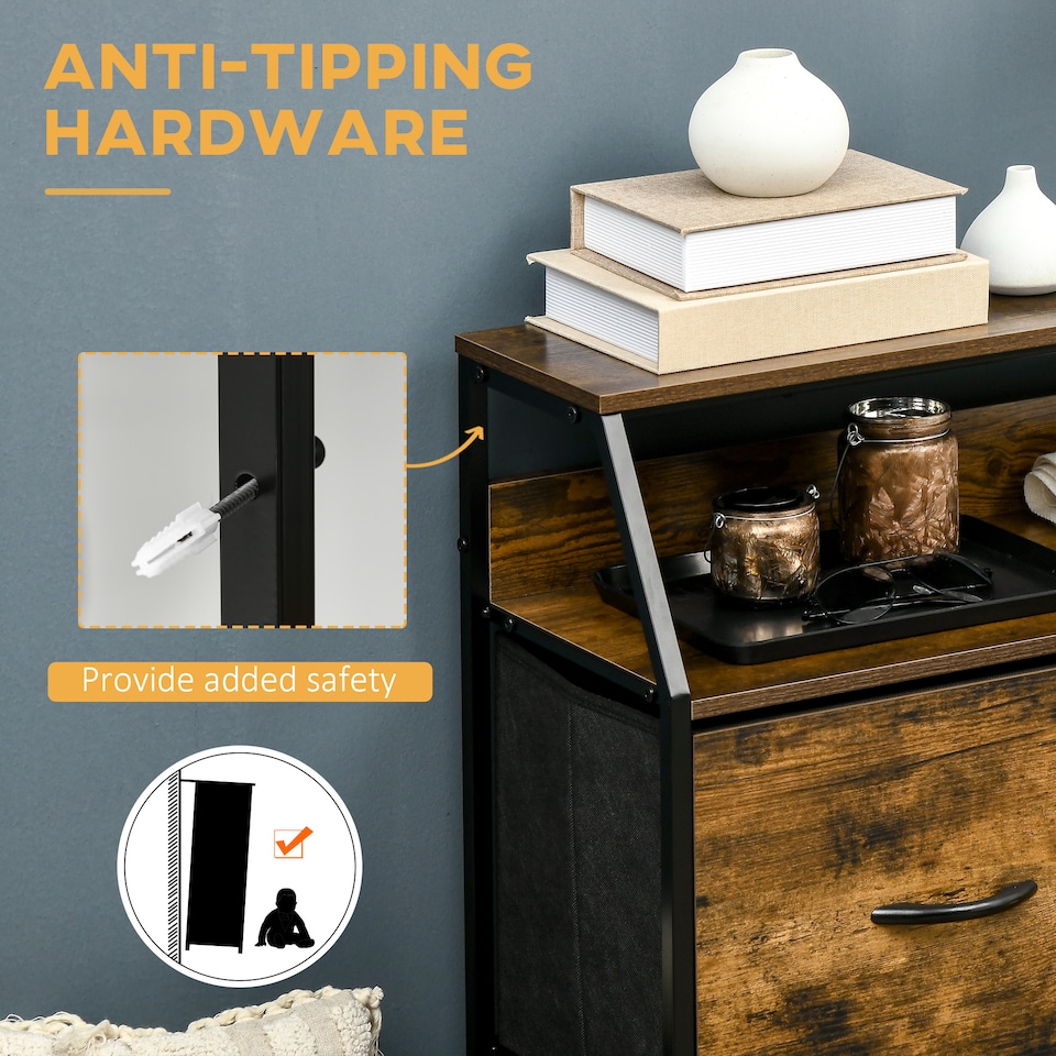 image 1 of HOMCOM Bedroom Chest of Drawers, Industrial 5 Fabric Drawer Dresser with Open Shelf for Living Room, Rustic Brown