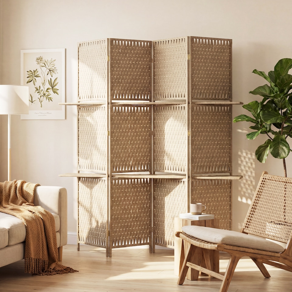 image 1 of HOMCOM 4-Panel Folding Room Divider with Shelves