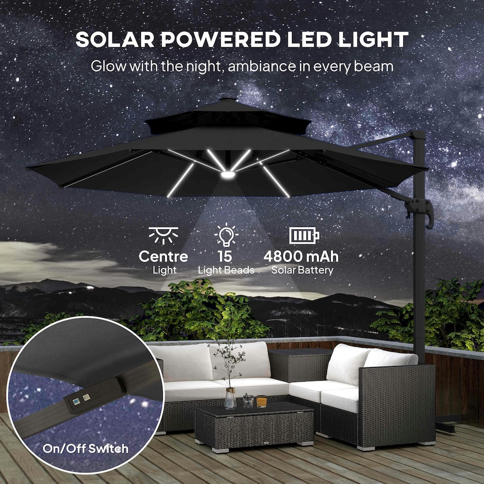 image 1 of Outsunny 3m Cantilever Parasol Solar Lights Power Bank Base 360° Spin Dark Grey