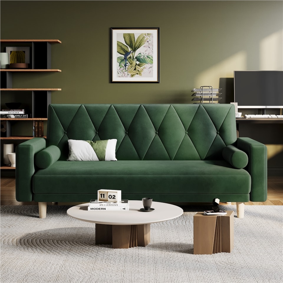 image 1 of Yaheetech Velvet Convertible Sofa Bed with 2 Bolster Pillows-Green