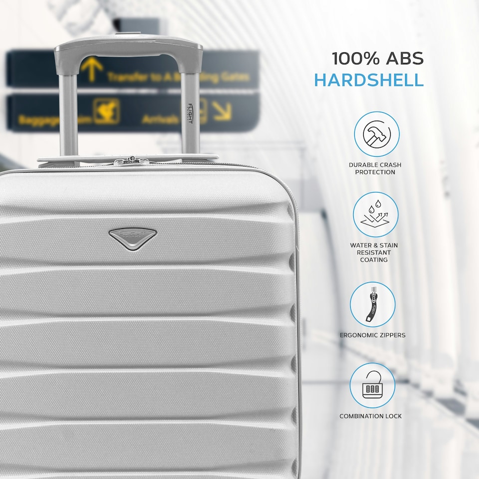 image 1 of Flight Knight Suitcase Sets 3 Piece, Large Suitcase, Extra Large Suitcase, easyJet Cabin Bag 45x36x20cm Underseat Carry On, 100+ Airlines Approved - BA, Ryanair | Silver | Silver | Large