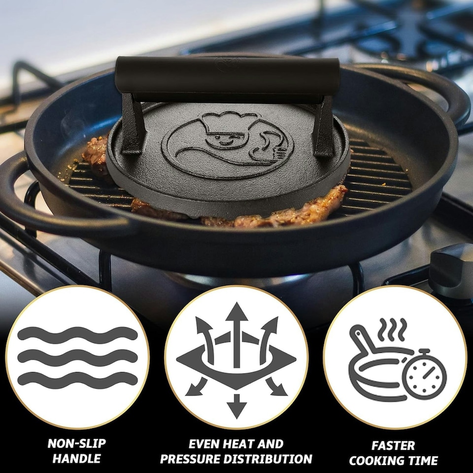 image 1 of Gourmet Easy Cast Iron Smash Burger & Meat Press - Black
