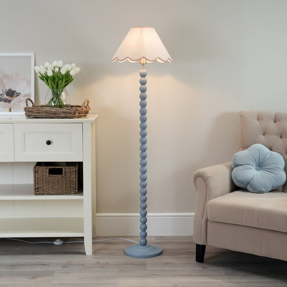 image 1 of ValueLights Bobbles Powder Blue Floor Lamp Pink Trim Scallop Shade | Blue