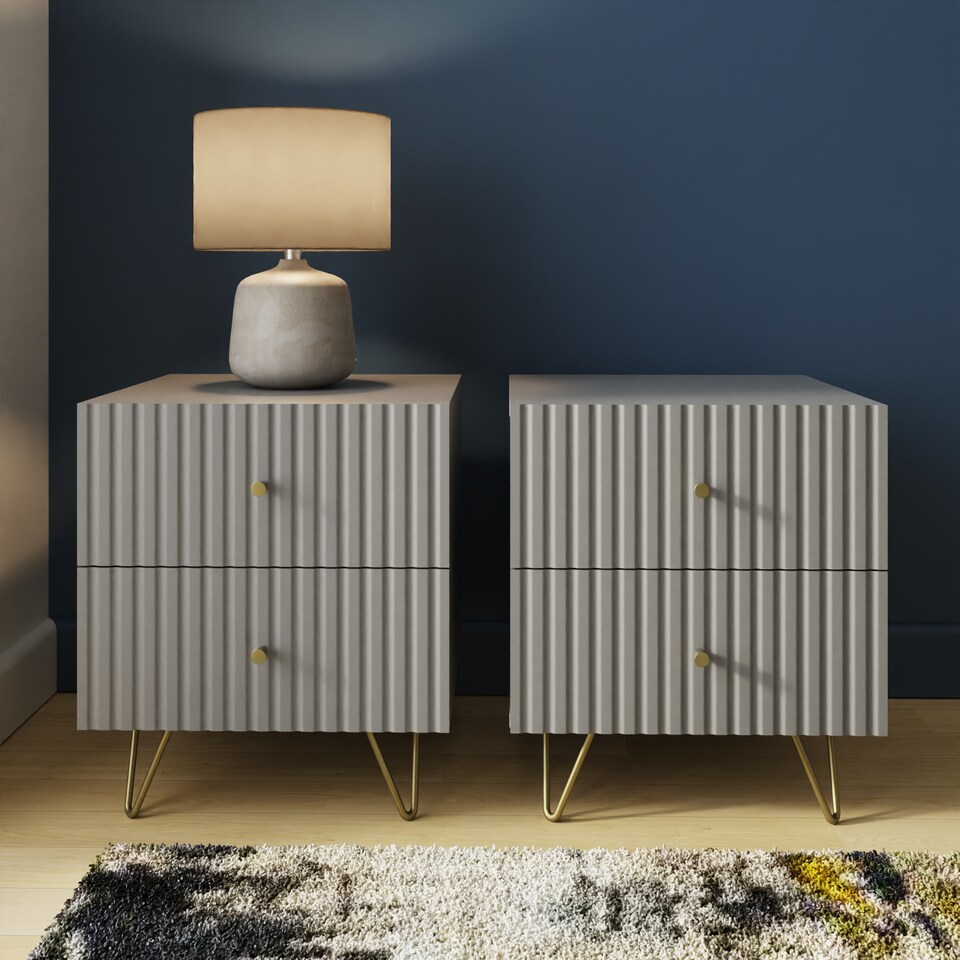 image 1 of Thalia Ribbed 2 Drawer Bedside Table Pair | Grey | Grey