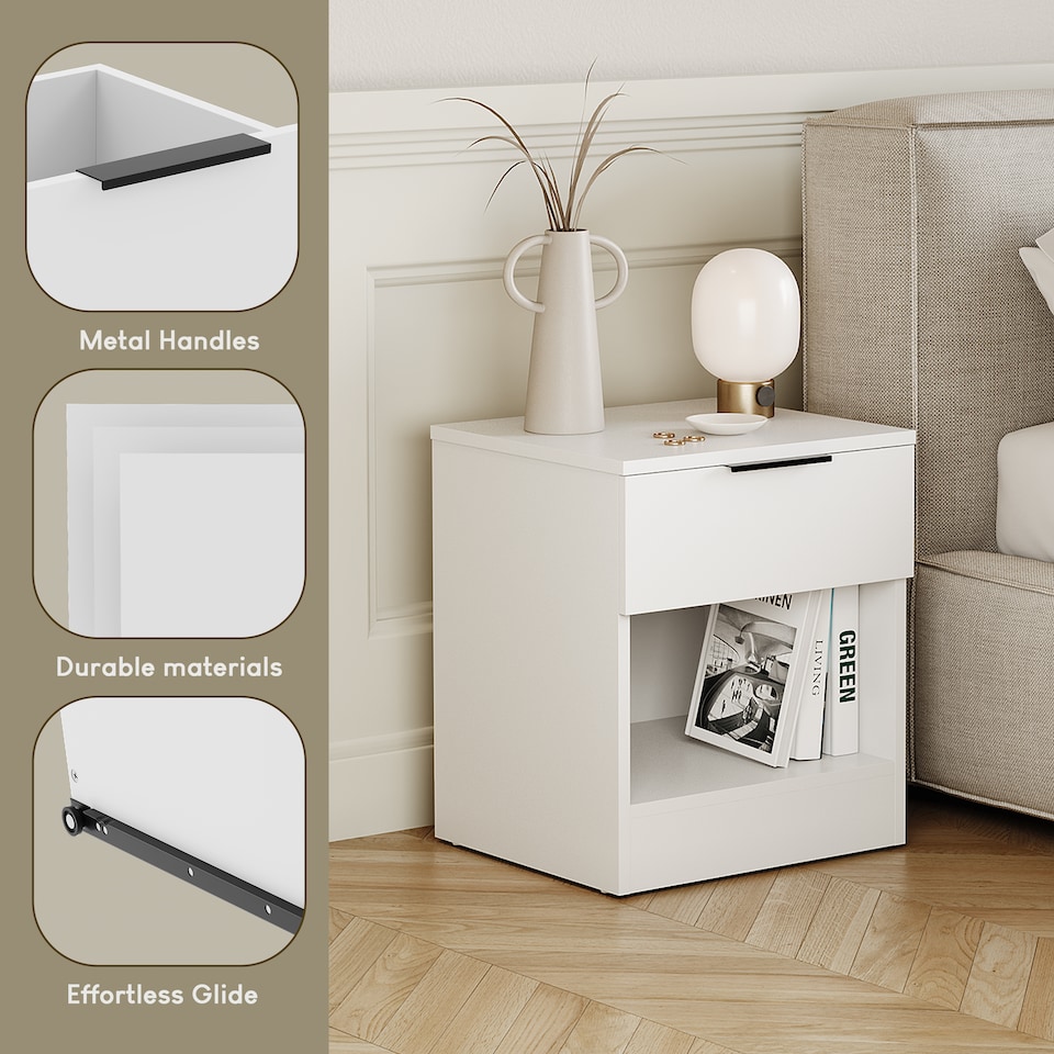 image 1 of Vida Designs Trega 1 Drawer Bedside Chest Bedroom Storage Unit - (H) 41cm x (W) 39cm x (D) 28cm - White