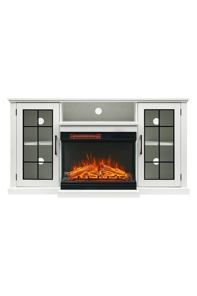 image 1 of Living and Home Electric Fireplace TV Stand with Glass Door Closed Storage, Remote Control, White