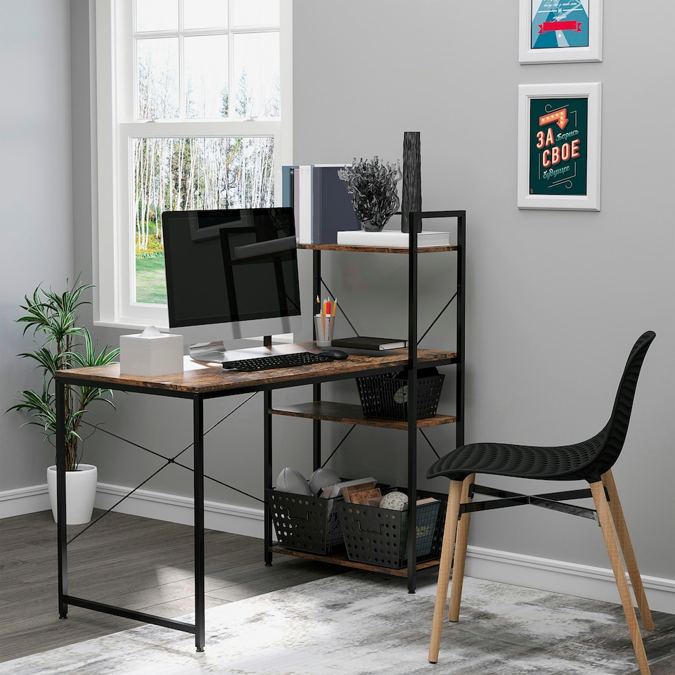 image 1 of HOMCOM Computer Desk Laptop Table w/4-tier Bookshelf  Metal Frame Brown, Black