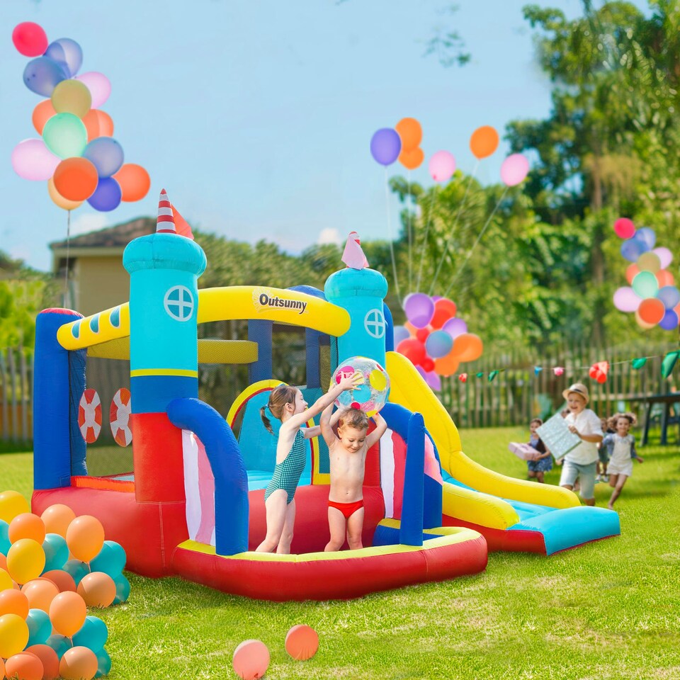 image 1 of Outsunny Kids Bouncy Castle with Slide Pool Trampoline Climbing Wall w/ Blower