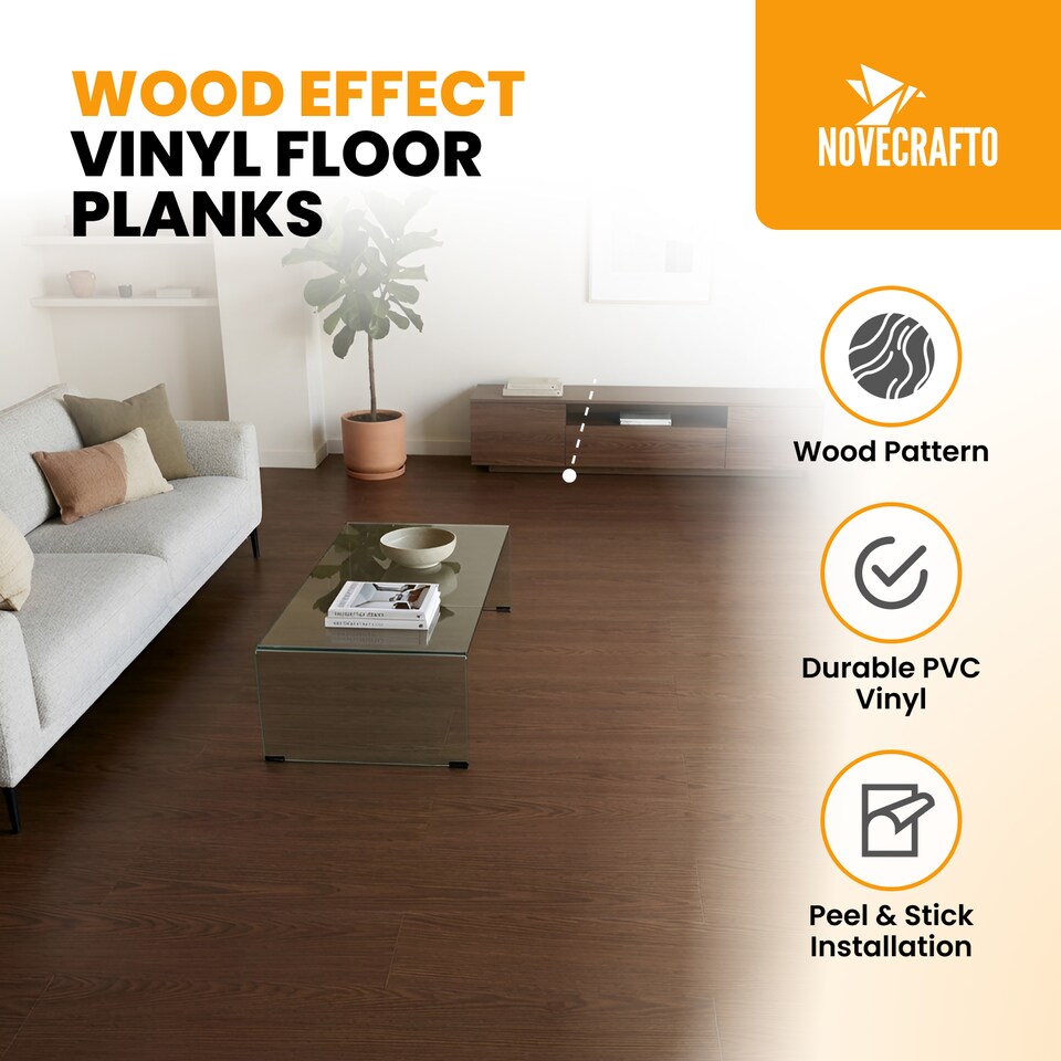 image 1 of NOVECRAFTO Self Adhesive Vinyl Floor Planks – Peel & Stick Flooring – Brown Wood Effect – Easy DIY Installation – Durable & Waterproof Tiles | Brown | 2.78 sqm