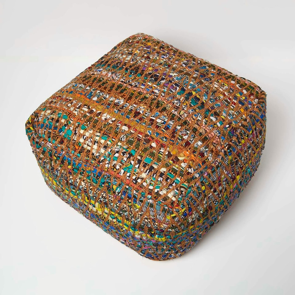 image 1 of Homescapes Multicolour Chindi Design Bean Filled Pouffe Large - 60 x 60 x 30 cm | Multi | 60 x 60 x 30 cm