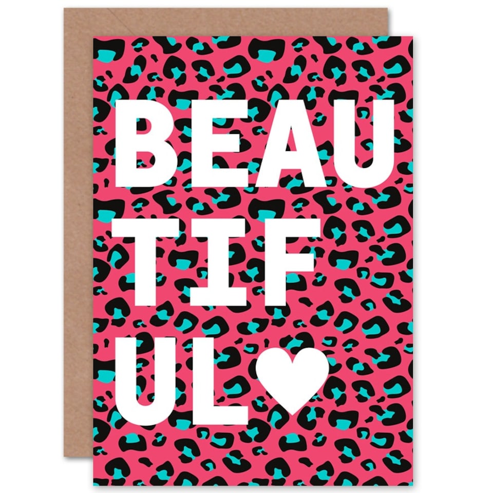 image 1 of Words Beautiful Pink Teal Leopard Quote Card