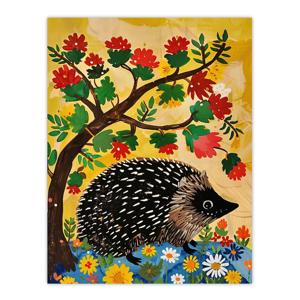 image 1 of Charming Hedgehog Under Tree Flowers Folk Art Kids Black Framed Wall Art Print A4