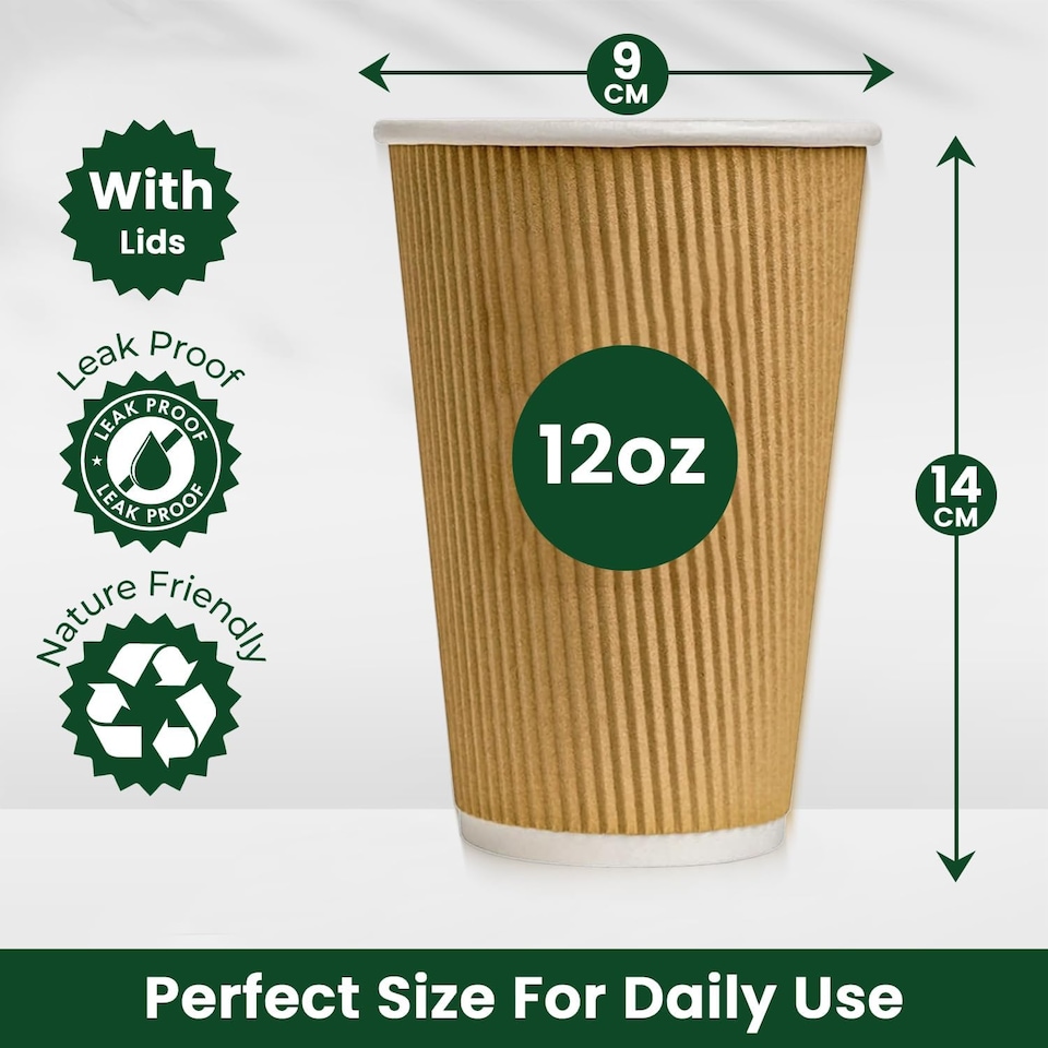 image 1 of ECONX 12oz Disposable Coffee Cups With Black Lid Ripple Insulated Paper Cups 100pc