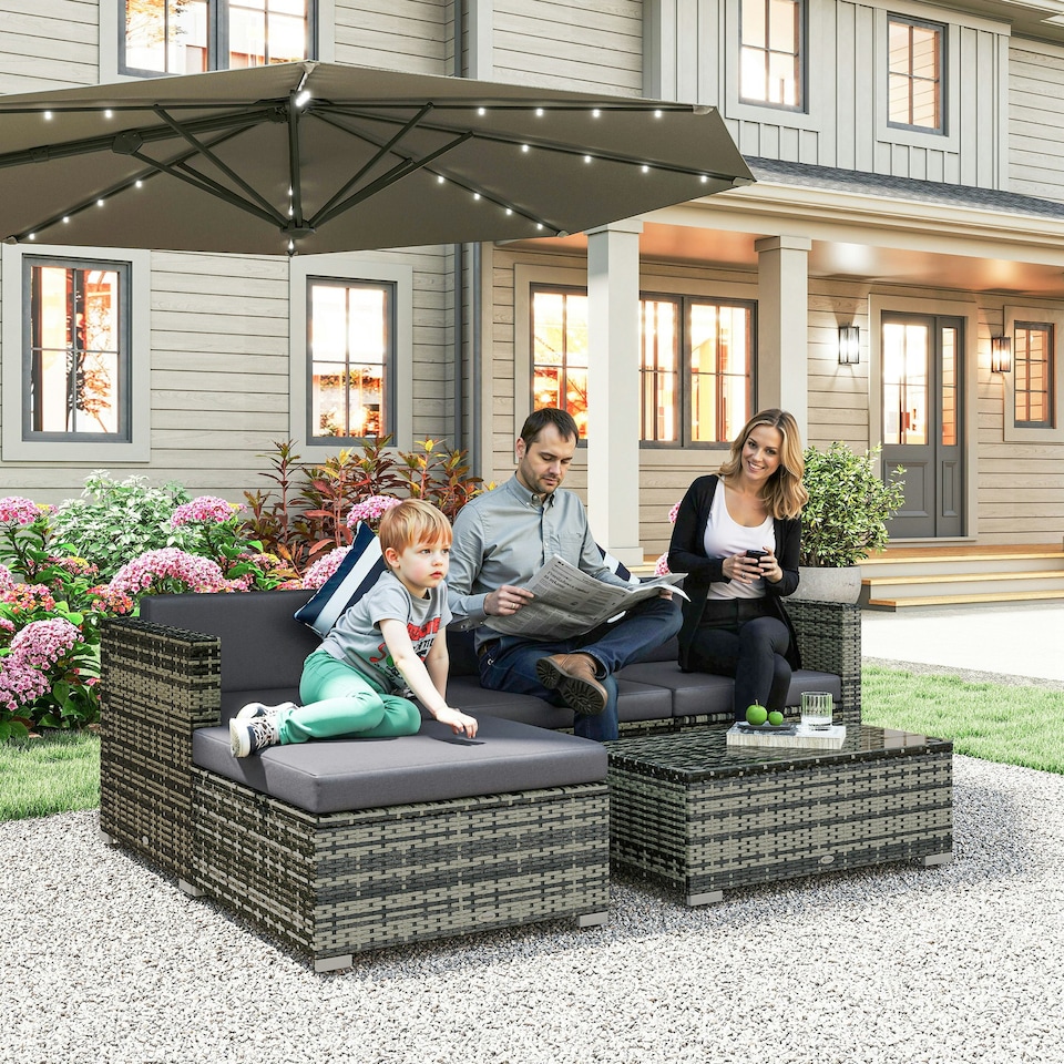 image 1 of Outsunny 5 Pieces Rattan Sofa Set Wicker Sectional Cushion Patio Grey Garden