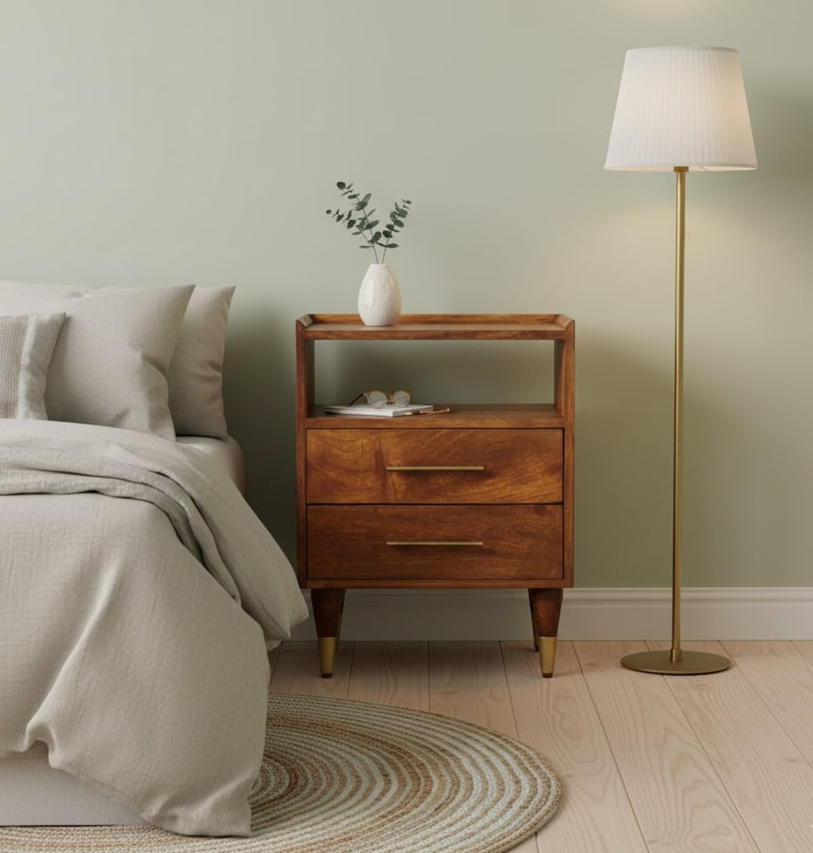 image 1 of Artisan Furniture Solid Wood Valenza Open Frame Bedside, 2 Drawers & 1 Open Slot, Brown