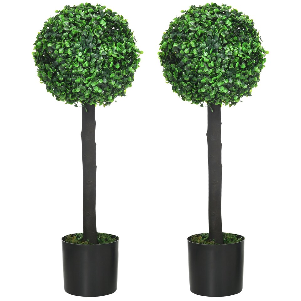 image 1 of HOMCOM Set of 2 Potted Artificial Plants Boxwood Ball Trees Indoor Outdoor, 60cm