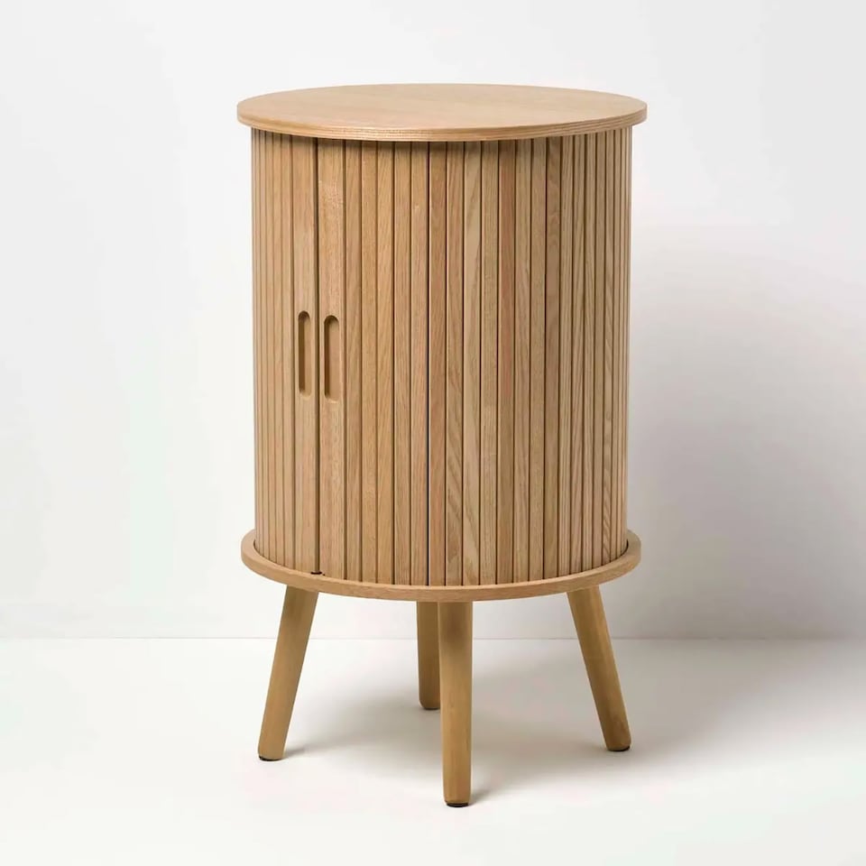 image 1 of Homescapes Modern Side Table, Round Cabinet with Sliding Tambour Doors, 65cm