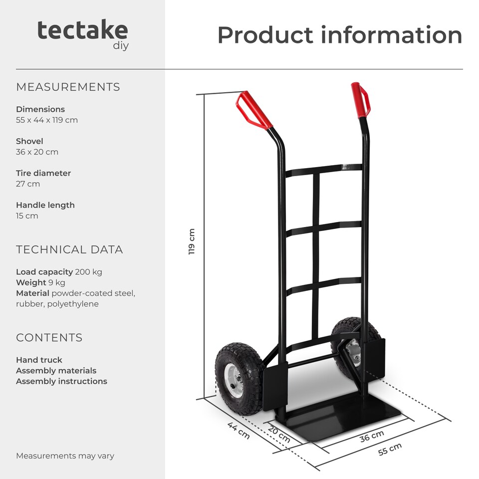 image 1 of Sack Barrow - heavy-duty, 200 kg load capacity, steel frame | Black | black | 55 x 44 x 119 cm | 1
