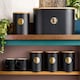 image 2 of Cooks Professional 5 Piece Ribbed Tea, Coffee, Sugar, Biscuit & Bread Cannisters with Bamboo Lids | Stainless Steel Kitchen Storage Bins | Black & Gold