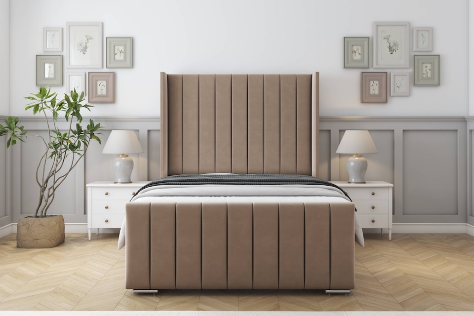 image 1 of Sloomy Melbourne Mink Plush Bed Frame With Mattress  With 50" Upholstered Wingback Headboard 4'6 Double