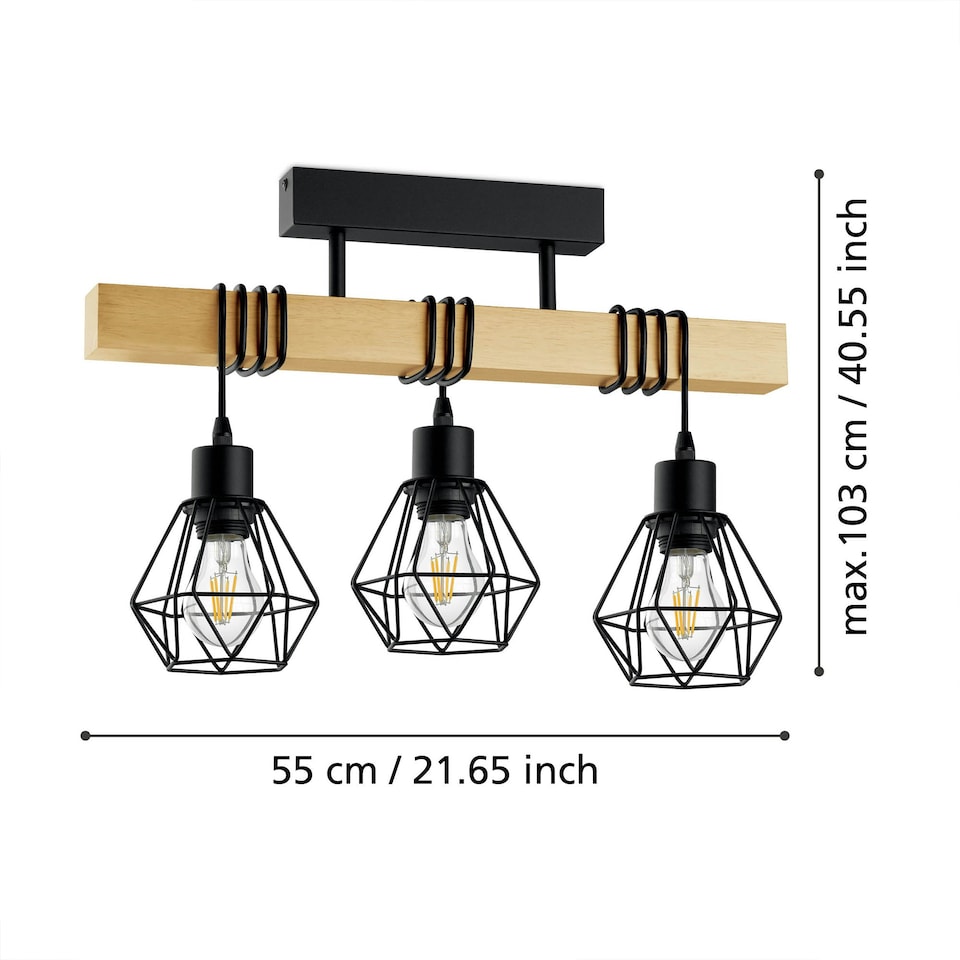image 1 of EGLO Townshend 5 Black/Natural Wood 3-Light Ceiling Pendant, Semi-Flush Industrial Style