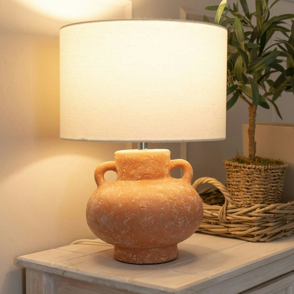image 1 of ValueLights Theo Linen Drum Lamp Shade Terracotta Vase Hand Finished Table Lamp Orange