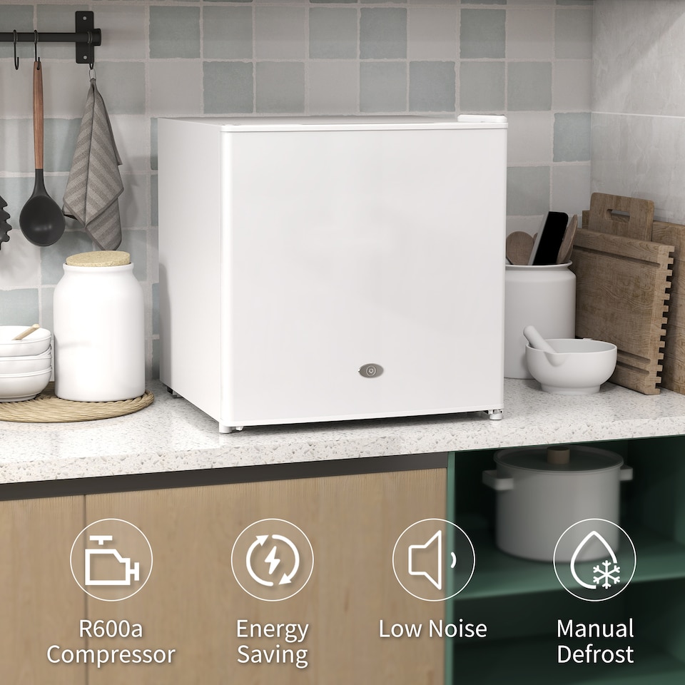 image 1 of HOMCOM Tabletop Mini Freezer with 35 Litre Capacity, Small Lockable Freezer with Reversible Door, Two Keys, Adjustable Temperature and Removable Wire Shelf for Bedrooms, Home Office, White | White